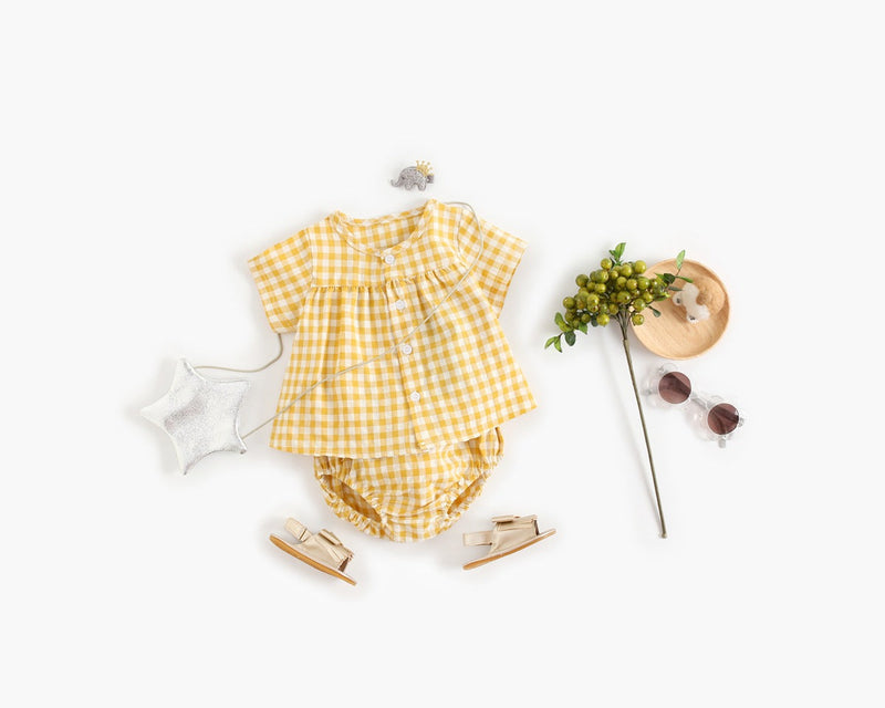 Baby Girl Plaid Pattern Single Breasted Design Shirt Combo Shorts Sets