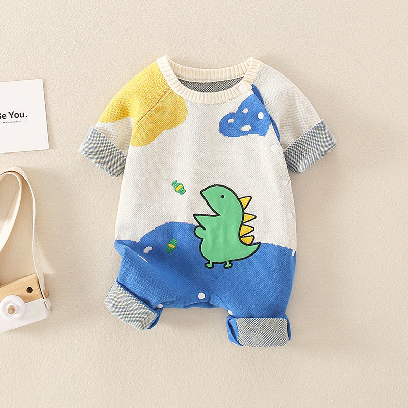 Baby Dinosaur Pattern Colorblock Design Cute Knit Romper