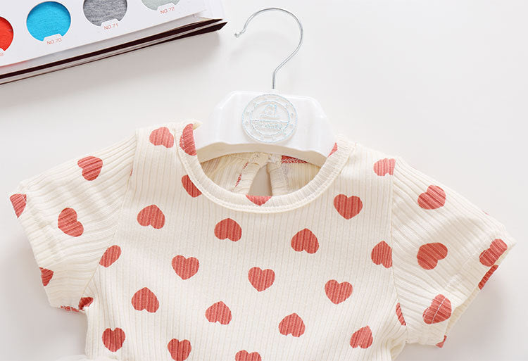 Baby Girl Mesh Patchwork Design Small Heart Print Pattern Round Neck Short-Sleeve Onesie Dress