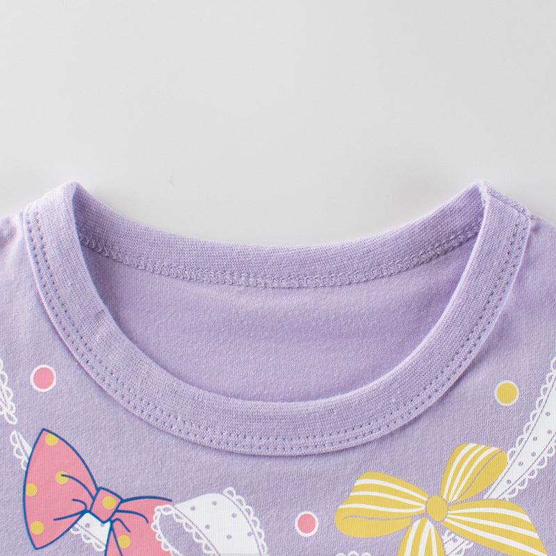 Baby Girl Solid Color Bow Tie Pattern Short Sleeve Tee