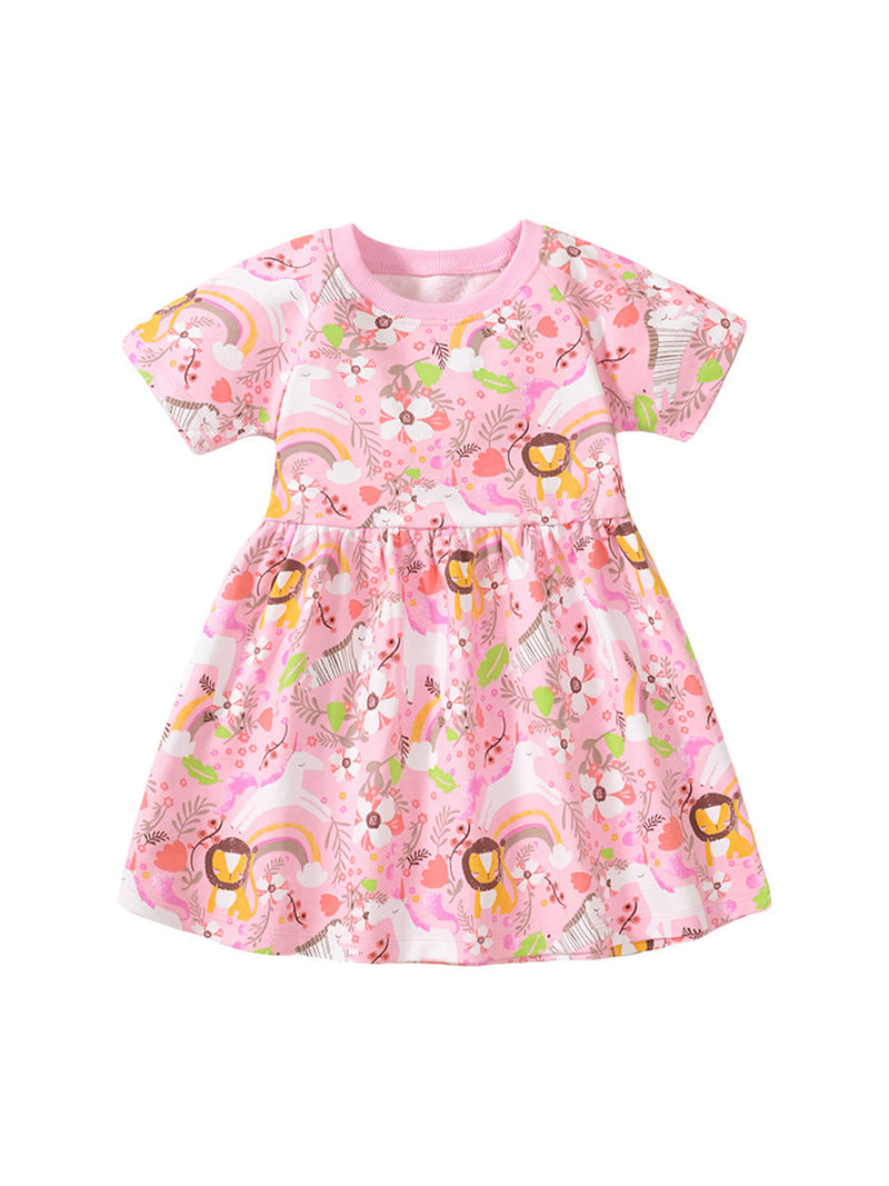 Spring And Summer Baby Girls Short Sleeves Rainbow Animals Floral Cartoon Dress