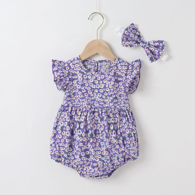 Baby Girl Floral Print Onesies With Headband In Summer Outfit Wearing