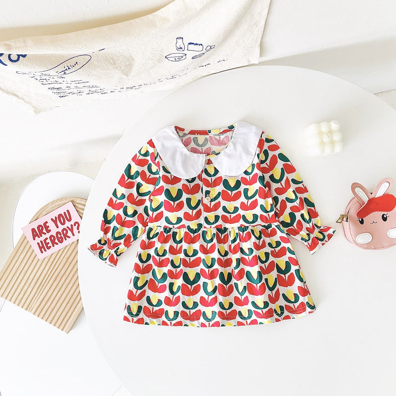 Baby Girl Floral Print Pattern Doll Neck A-Line Design Dress