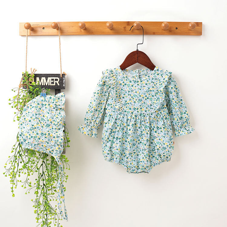 Baby Girl Floral Pattern Ruffle Sleeveless Or Long-Sleeved Design Newborn Summer Round Collar Onesies