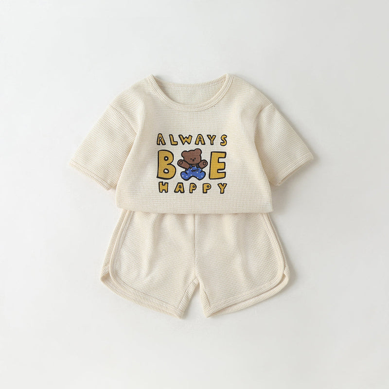 Baby Cartoon Bear & Slogan Pattern Waffle Fabric Tops Combo Solid Shorts 1-Piece Sets