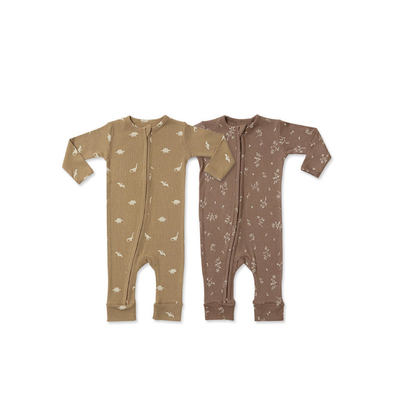 Baby Dinosaur & Floral Print Pattern Zipper Front Design Jumpsuit