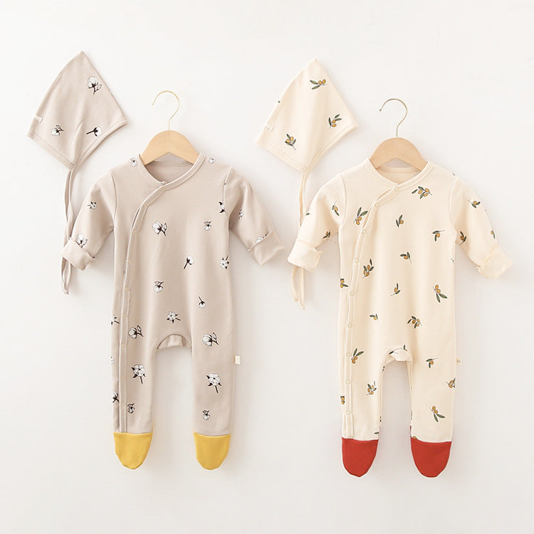 Baby Printed Graphic Side Button Design Long Sleeved Jumpsuit Romper Pajamas With Hat