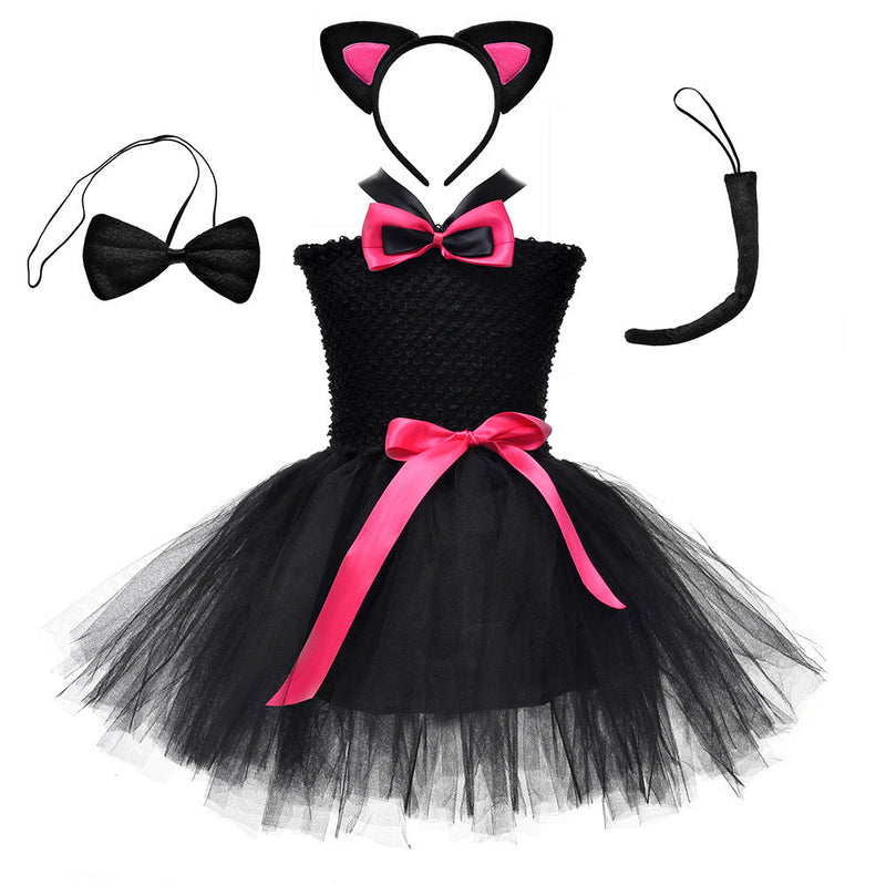 Children’s Halloween Solid Color Cat Costume Mesh Tutu Dress & 1-Piece Jewelry Sets