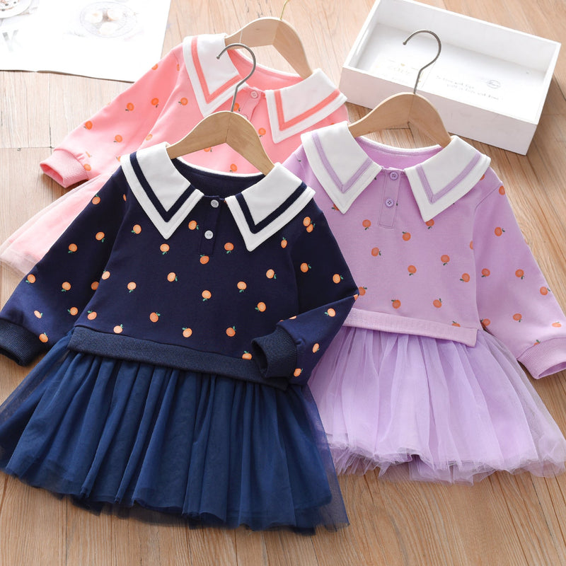 Baby Girl Fruit Pattern College Style Lapel Design Mesh Patchwork Dress