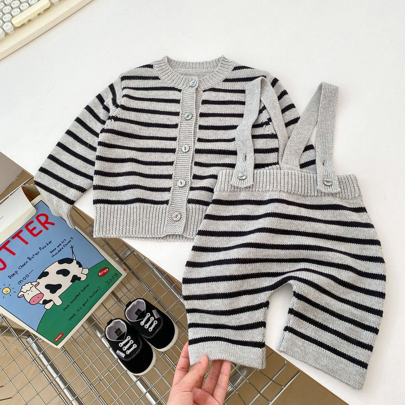 Autumn Striped Pattern Knitted Overalls Combo Cardigan Sets