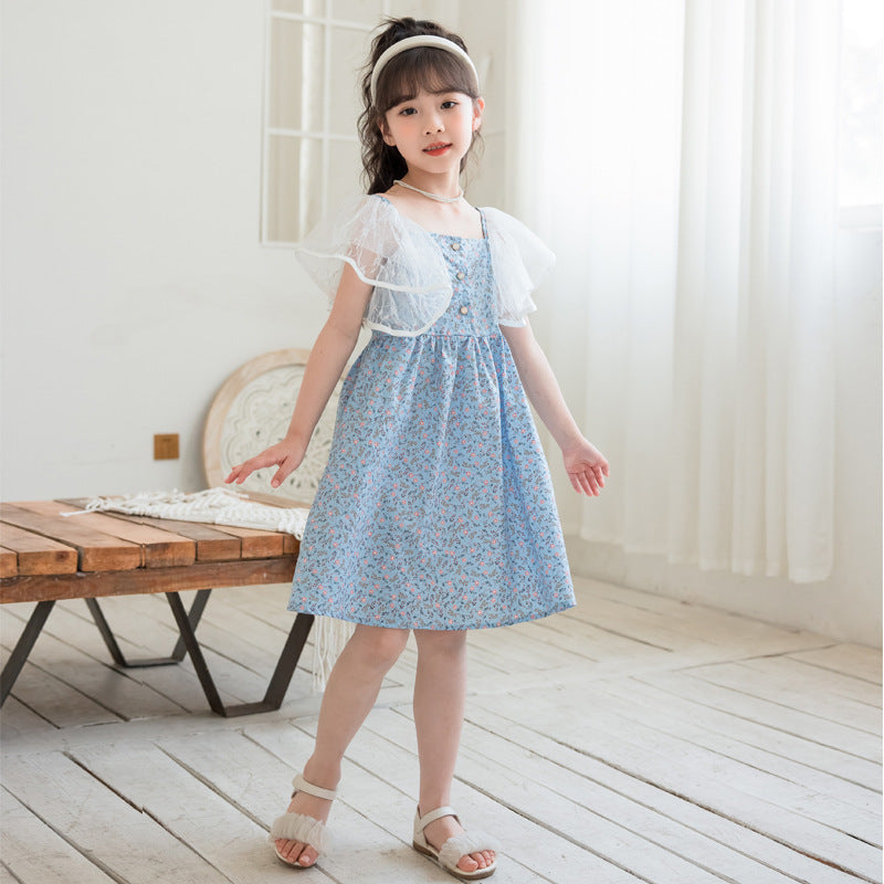 Ditsy Flower Pattern Mesh Flying Sleeves Dress