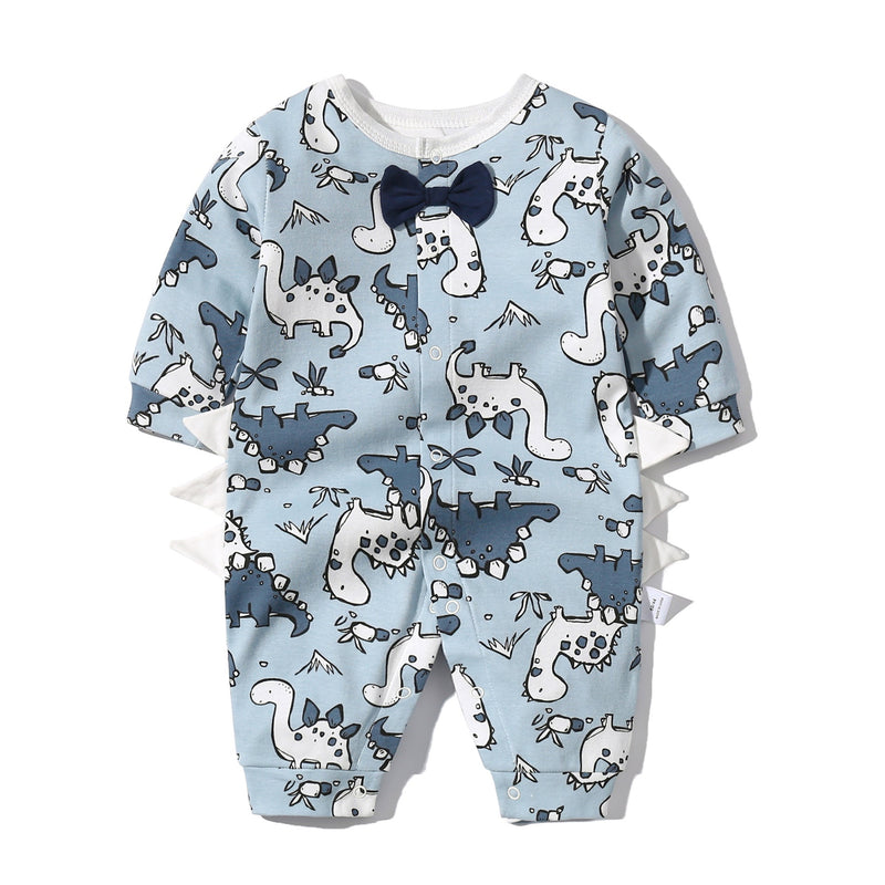 Baby Boy Dinosaur Pattern Bow Tie Patched Design Snap Button Romper Jumpsuit