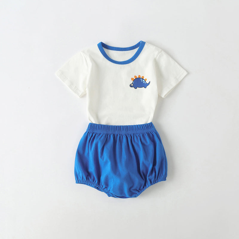 Baby Cartoon Dinosaur Pattern Contrast Neck Tee Combo Solid Shorts Sets