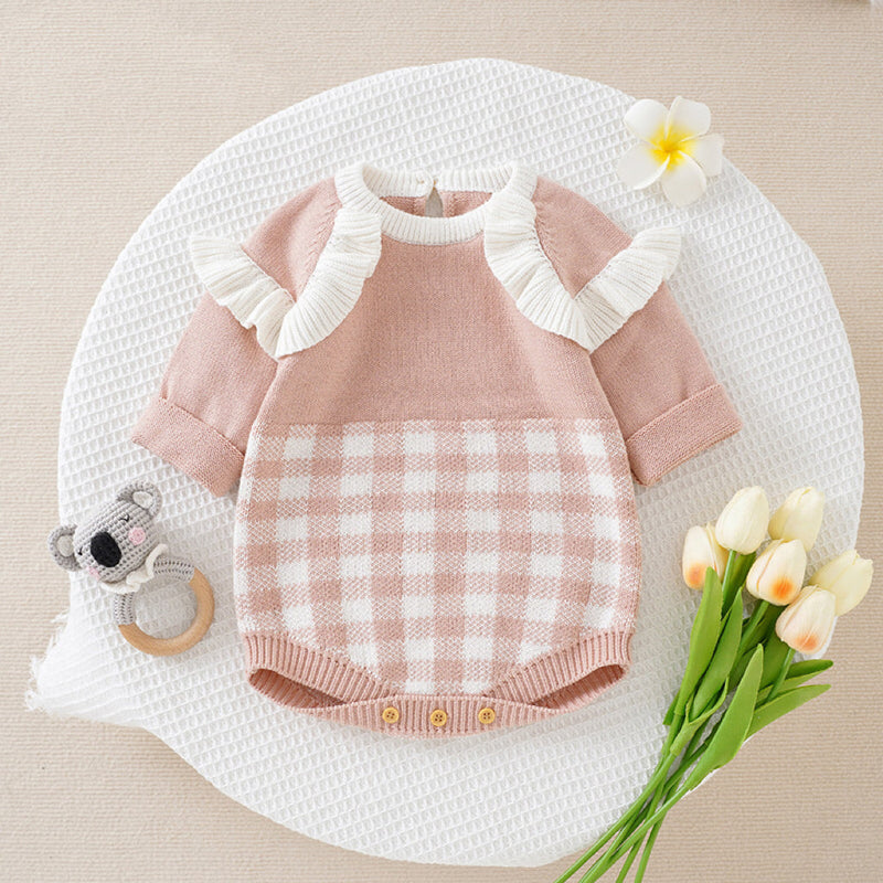 Baby Girl Checkerboard Pattern Lace Design Onesies In Autumn