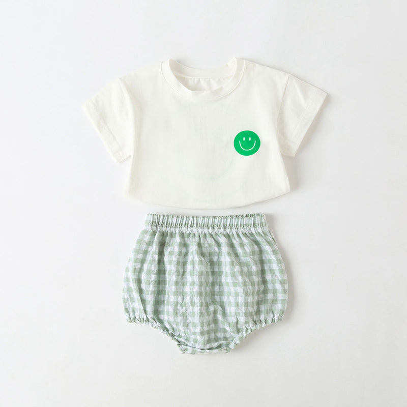 Baby Smiley Print Pattern Solid Tee Combo Plaid Pattern Triangle Shorts Sets