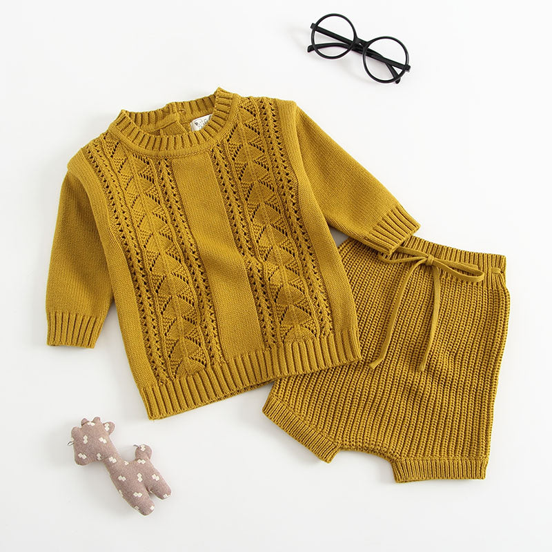 Baby Solid Color Hollow Carved Design Knitwear Sets