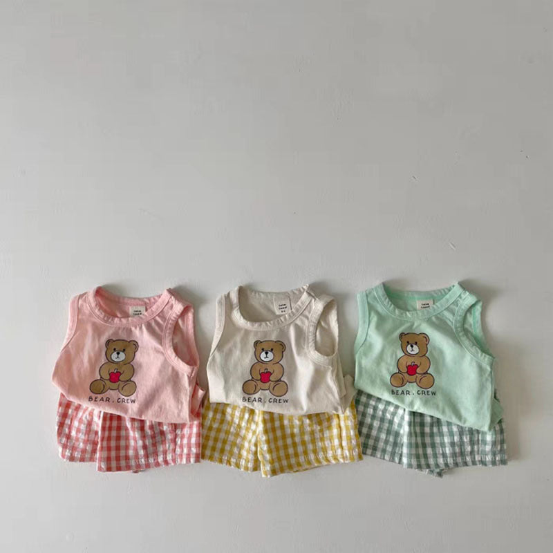 Baby Bear Print Pattern Tops With Plaid Shorts Sets