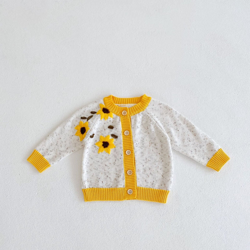 Baby Girl 1pc Sunflower Embroidered Graphic Buttoned Front Contrast Knitted Cardigan