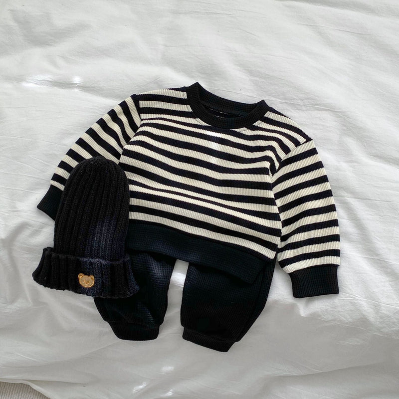 Baby Striped Pattern Waffle Fabric Hoodies Combo Pants Sets