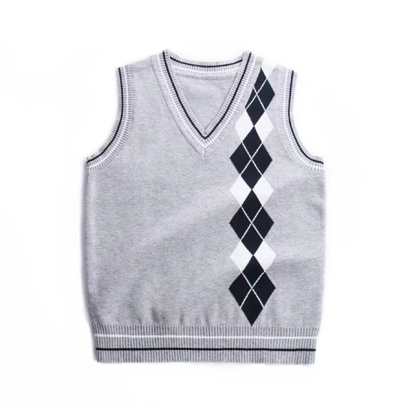 Boy And Girl Rhombus Pattern V-Neck College Style Sleeveless Vest Sweater