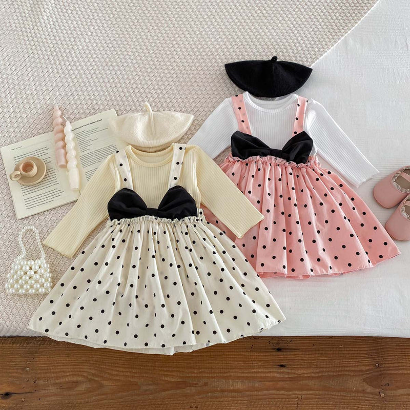 Spring Baby Kids Girls Plain Long Sleeves Base Sweatshirt And Suspender Skirt Clothing Set