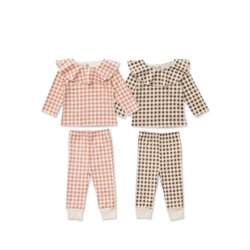 Baby Cartoon & Plaid Pattern Ruffle Neck Design Long Sleeve Sets