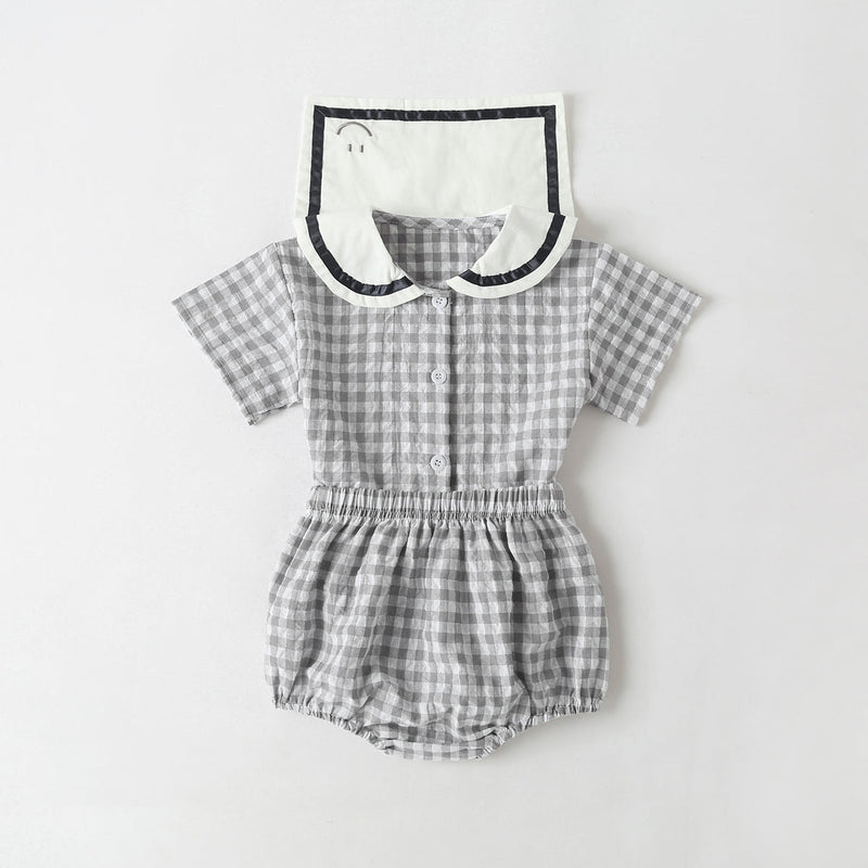 Baby Girl 1pcs Plaid Pattern Contrast Tape Lapel Design Combo Shorts Sets