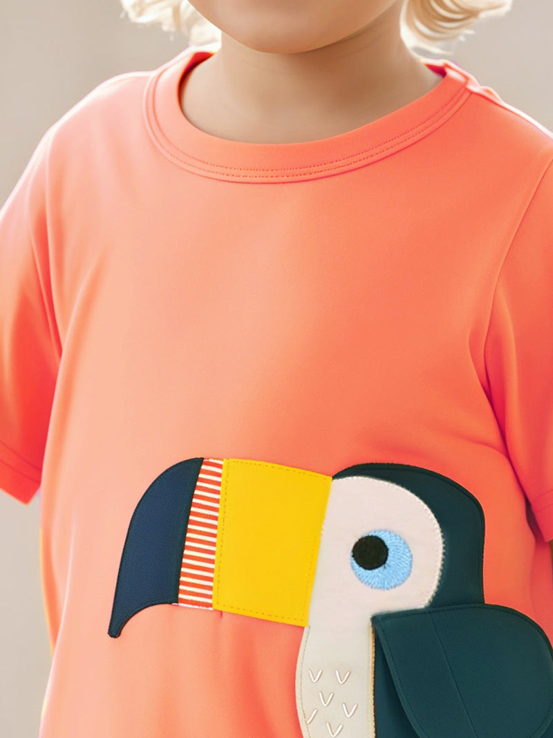 Kids’ Birds Cartoon Pattern Short Sleeves T-shirt in European and American Style for Summer