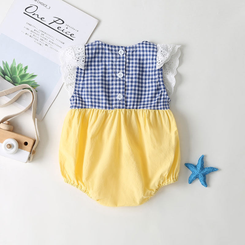 Baby Girl Plaid Pattern Lace Patchwork Bow Sleeveless Princess Onesies In Summer