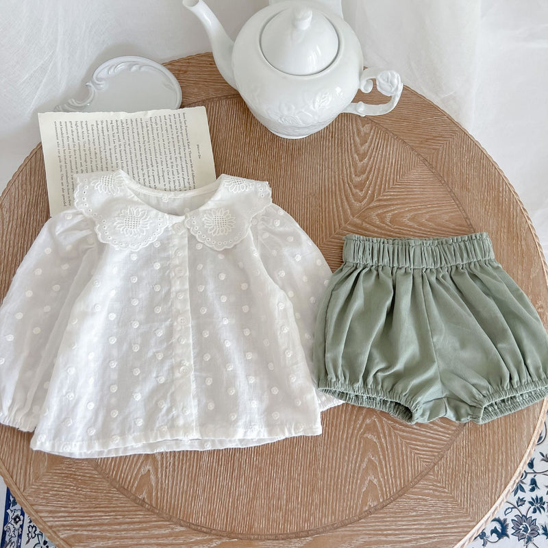 Baby Girl Solid Color Simple Style Doll Neck Shirt With Shorts Sets