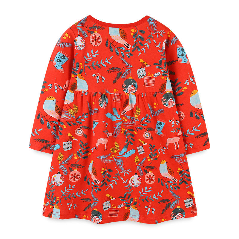 Baby Girl Floral Graphic Long Sleeve A-Line Design Loose Christmas Dress