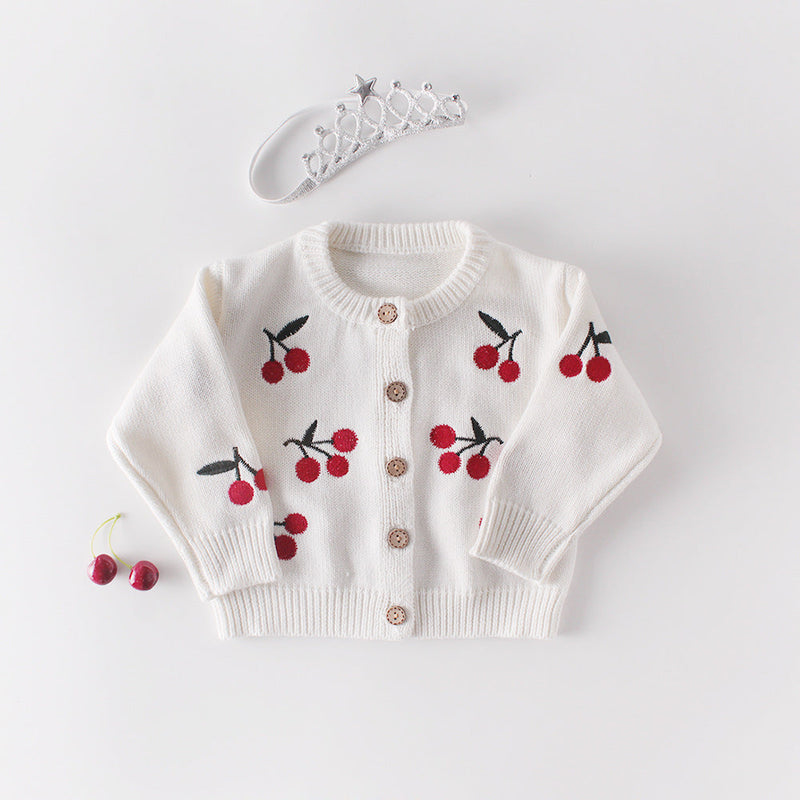 Baby Girl 1pc Cherry Embroidered Graphic Crotch Knitted Bodysuit & Button Front Sweater Coat Sets