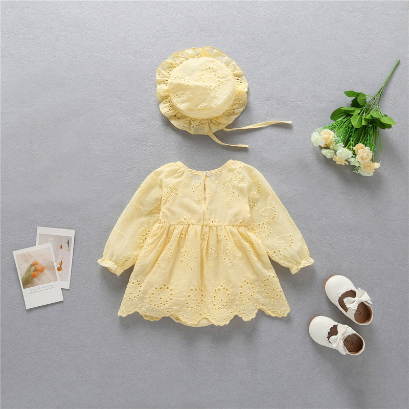 Baby Solid Yellow Hollow Carved Design Long Sleeves Bow Dress & Hat