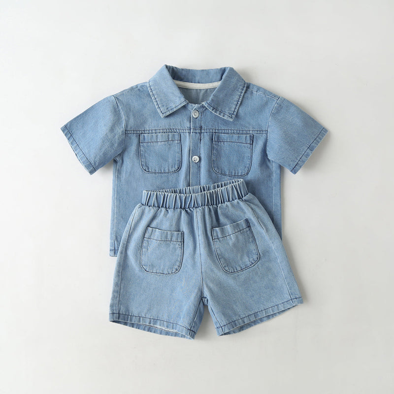 Baby Solid Color Butoon Front Denim Shirt Combo Shorts Sets In Summer