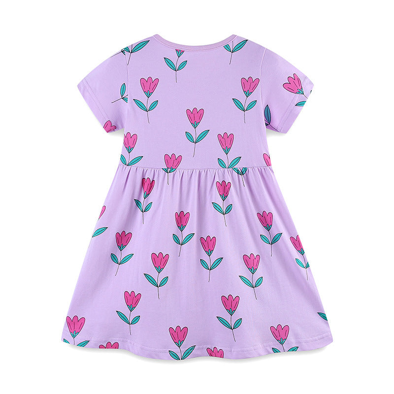 Summer New Arrival Girls’ Purple Flowers Pattern Short Sleeves Dress