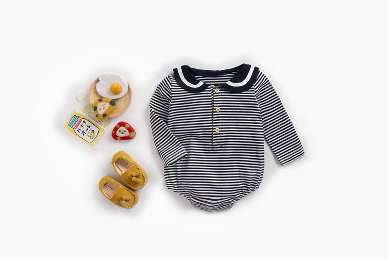 Baby Girl Striped Pattern Sailor Collar Design Fashion Long Sleeves Bodysuit Onesie