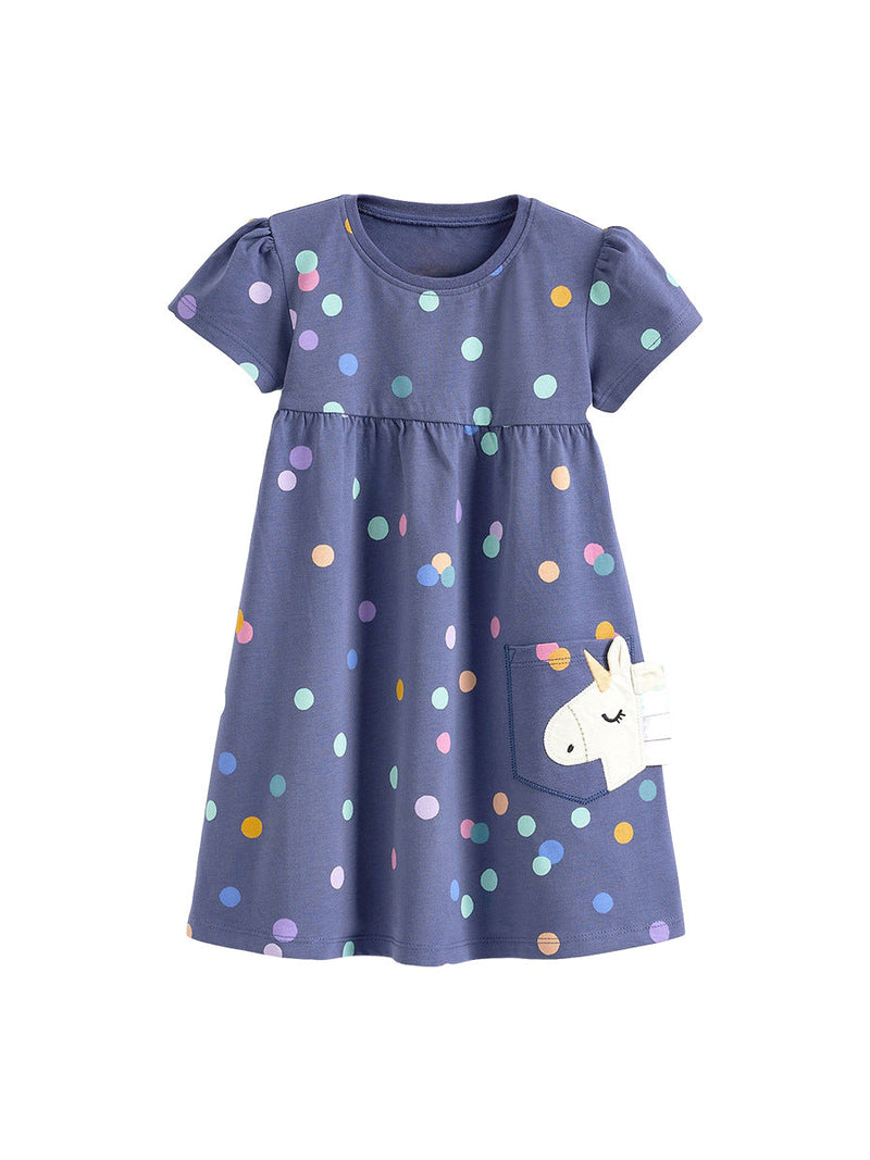 Spring And Summer Baby Girls Short Sleeves Polka Dots Dress With Unicorn Pocket