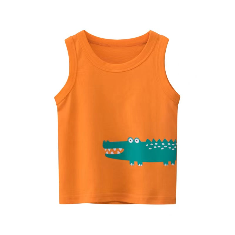 Baby Boy Animal Print Round Neck Sleeveless Children’s Tops In Summer