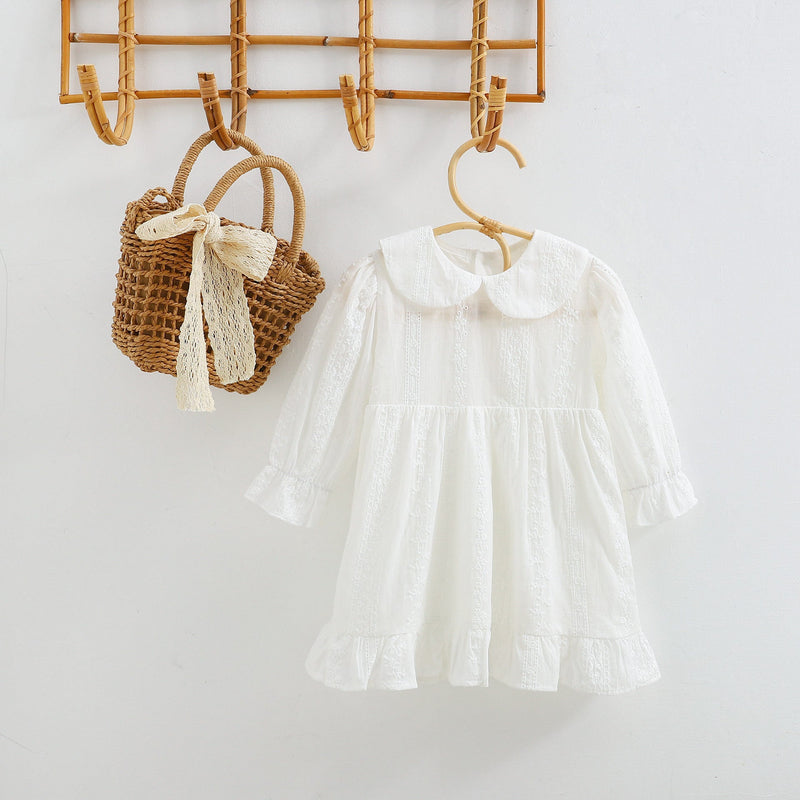 Baby Girl Solid Color White Mesh Embroidered Pattern Long Sleeve Dress