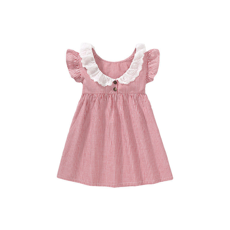 Spring And Summer Baby Girls Ruffle Collar Short Sleeves Striped Dress