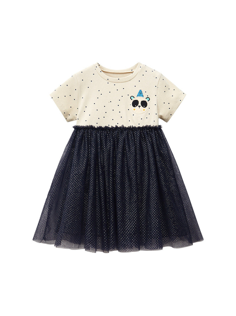 Spring And Summer Baby Girls Short Sleeves Panda Cartoon Polka Dots Chiffon Dress