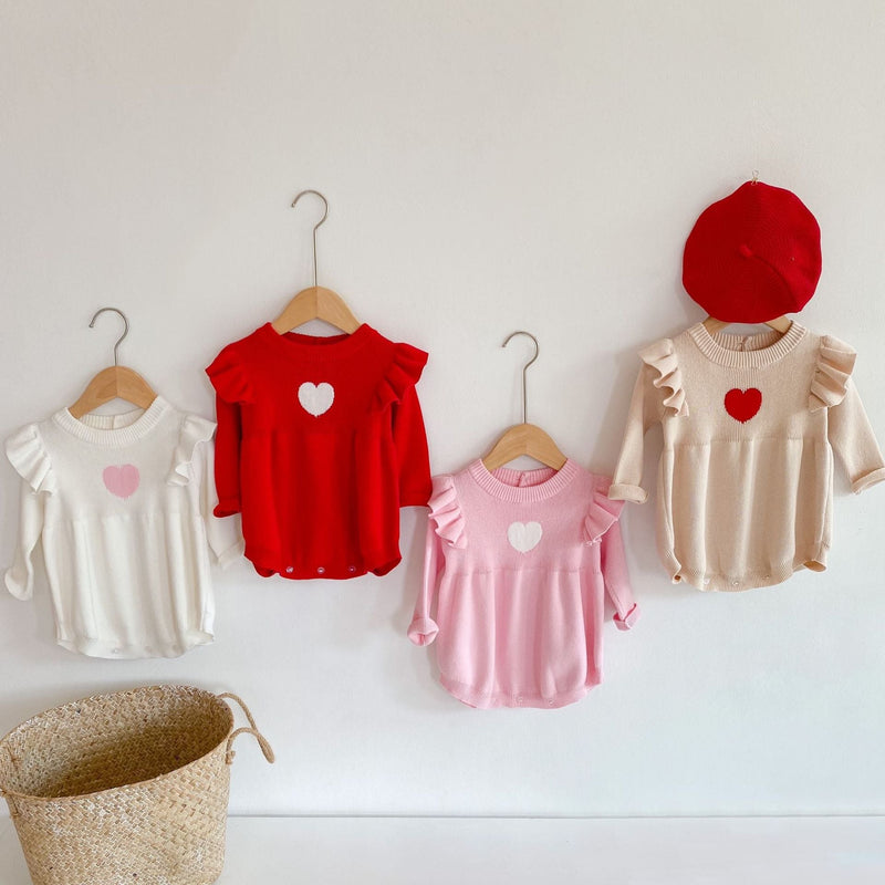 Baby Girl 1pcs Heart Embroidered Pattern Ruffle Long Sleeve Knit Onesies