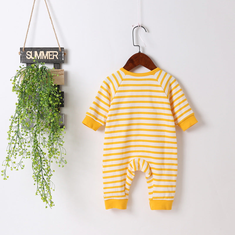 Baby Cartoon Bear & Striped Pattern Crotch Jumpsuit Romper