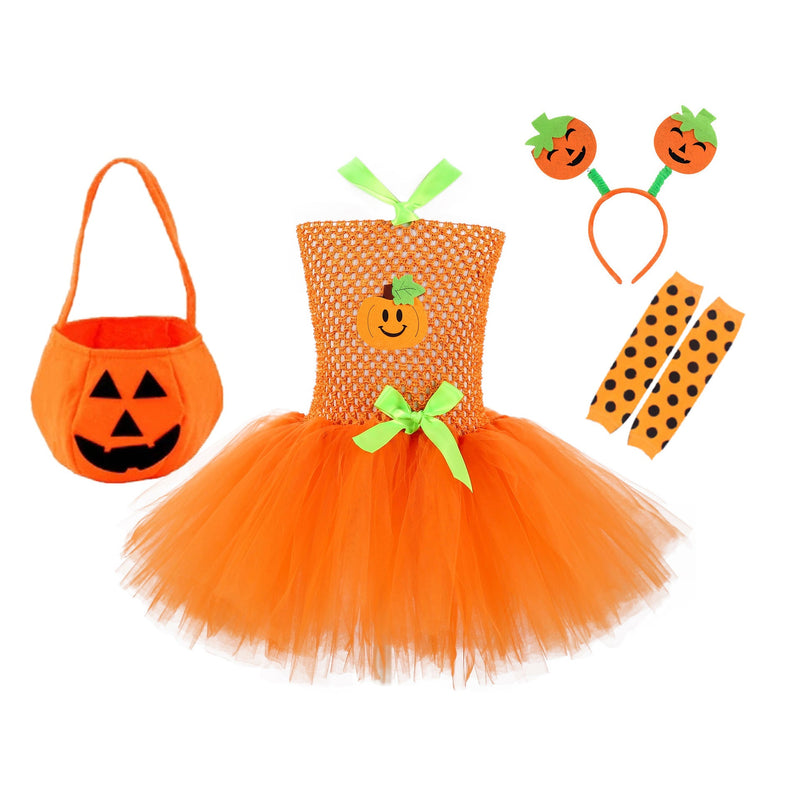 Children’s Halloween Pumpkin Tutu Dress With 3-Pieces Jewelry