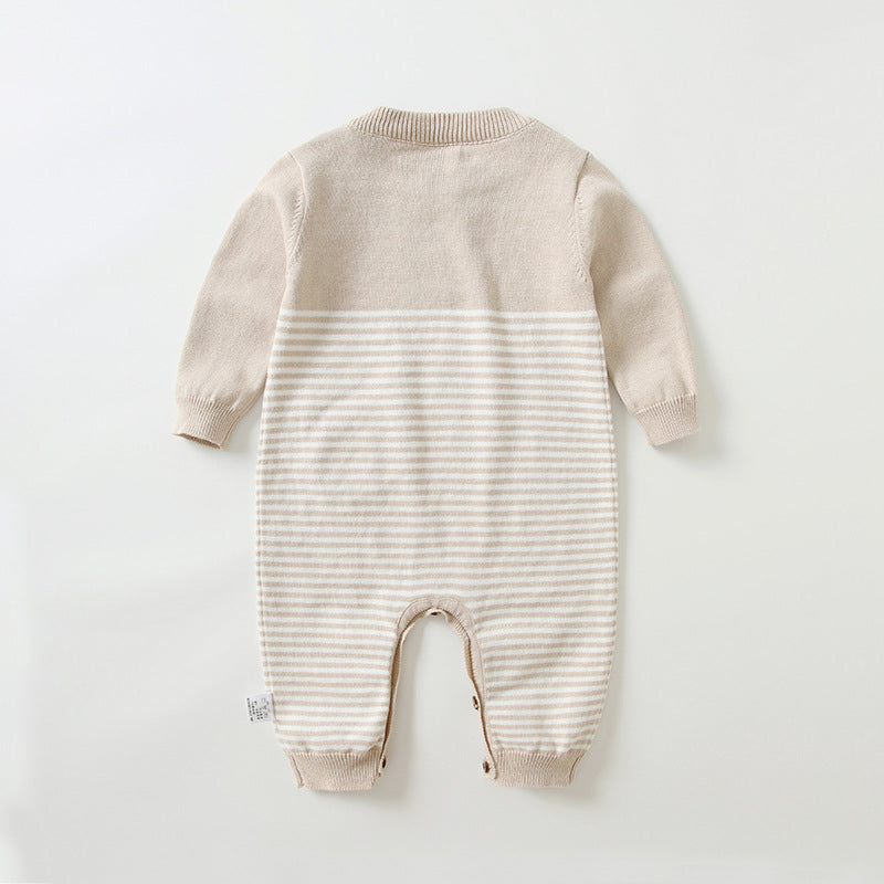 Baby Striped Knit Pattern Bear Patched Design Kintted Quality Romper