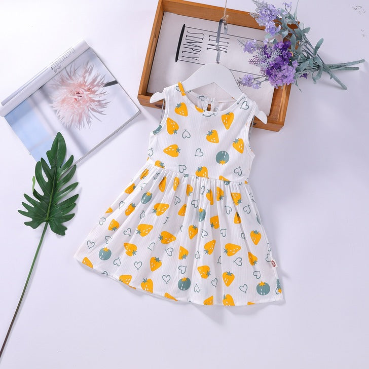 Baby Girls Floral Print Sleeveless Round Collar Dress In Summer