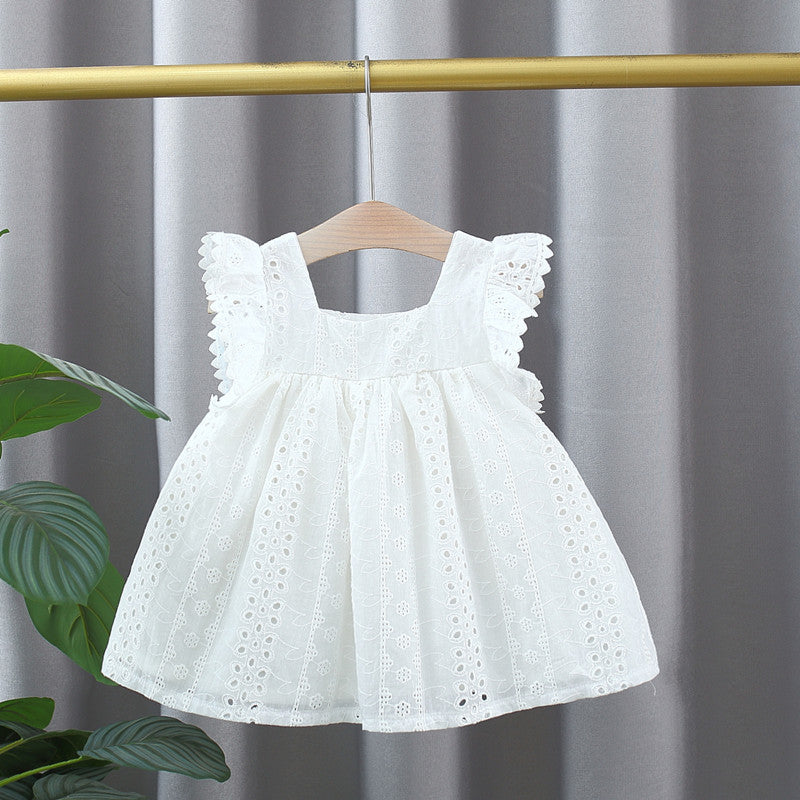 Summer Hot Selling Baby Kids Girls Hollow Out Flowers Pattern Fly Sleeves Square Neck Princess Dress