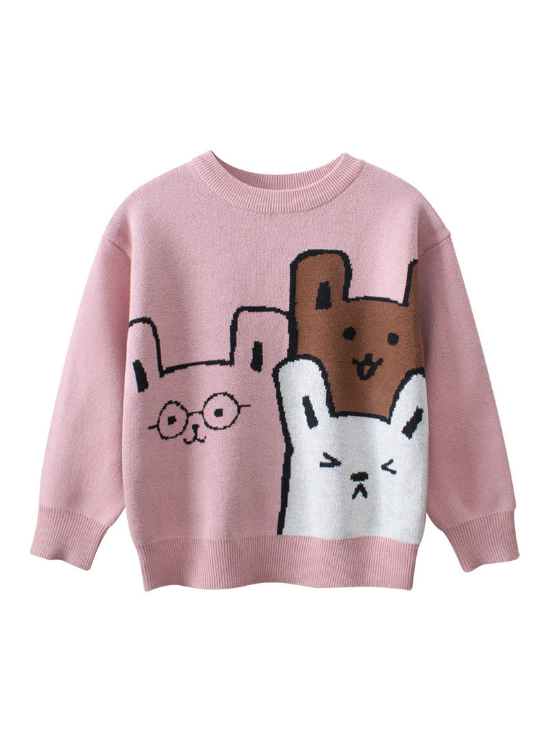 Baby Girls Kids Cute Animals Pattern Crew Neck Long Sleeves Knit Pullover