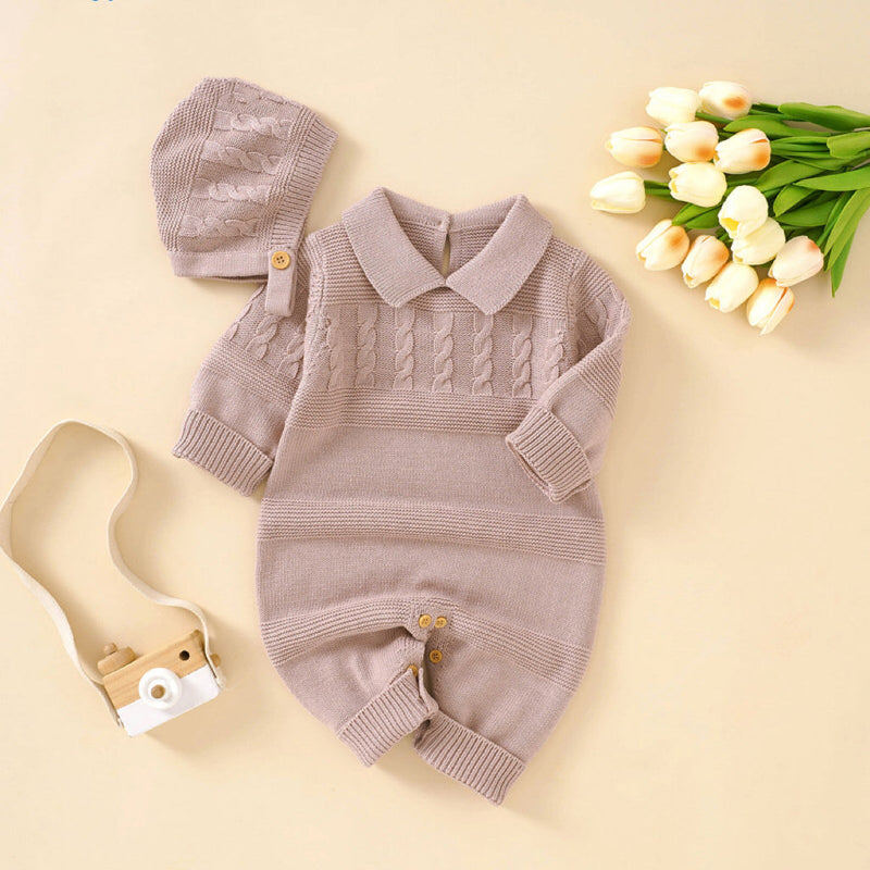 Baby Solid Color Crochet Knit Design Lapel Knit Jumpsuit