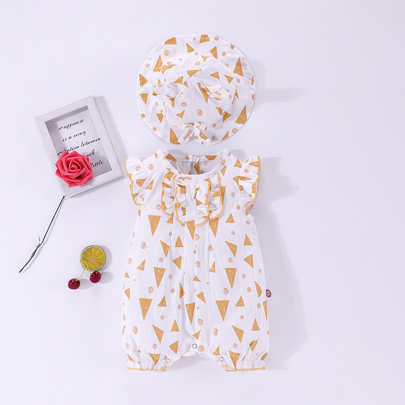 Baby Geometric Pattern Ruffle Design Sleeveless Rompers With Hat In Summe